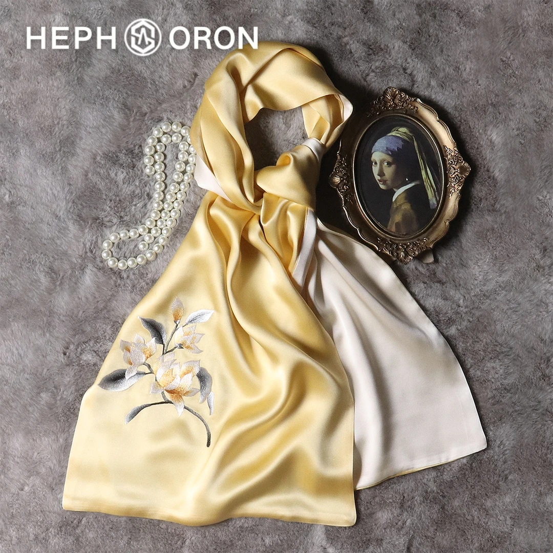 HEPHSORON苏绣丝巾妈妈款金色玉兰花刺绣桑蚕丝真丝披肩礼盒装