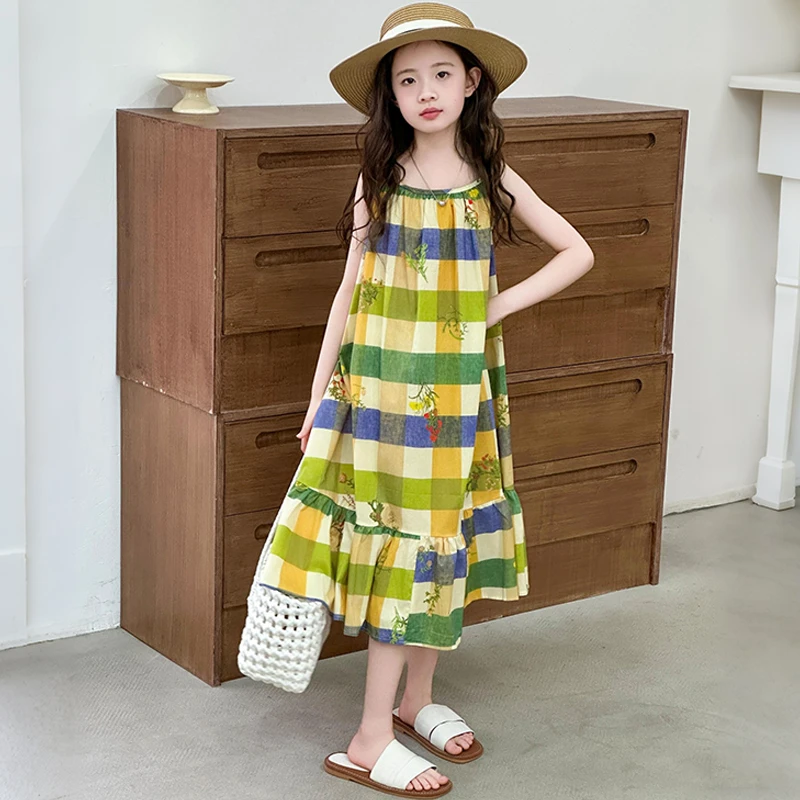 女童连衣裙儿童洋气宝宝花朵格子吊带裙夏季小女孩薄款中大童无袖