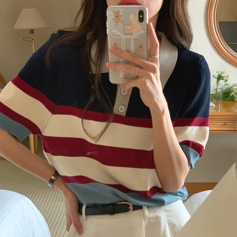 polo领条纹正肩短袖t恤女夏季设计感小众冰丝针织衫撞色翻领上衣