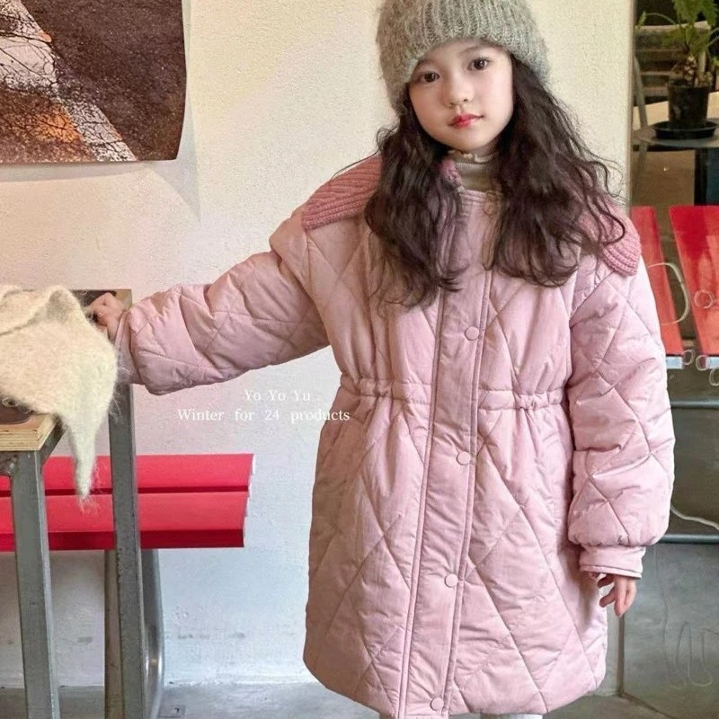 2024女童粉色中长款收腰加厚棉服