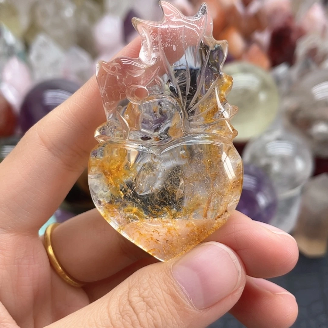 未镶嵌珠宝半成品发晶42黄胶花九尾摆件带证书