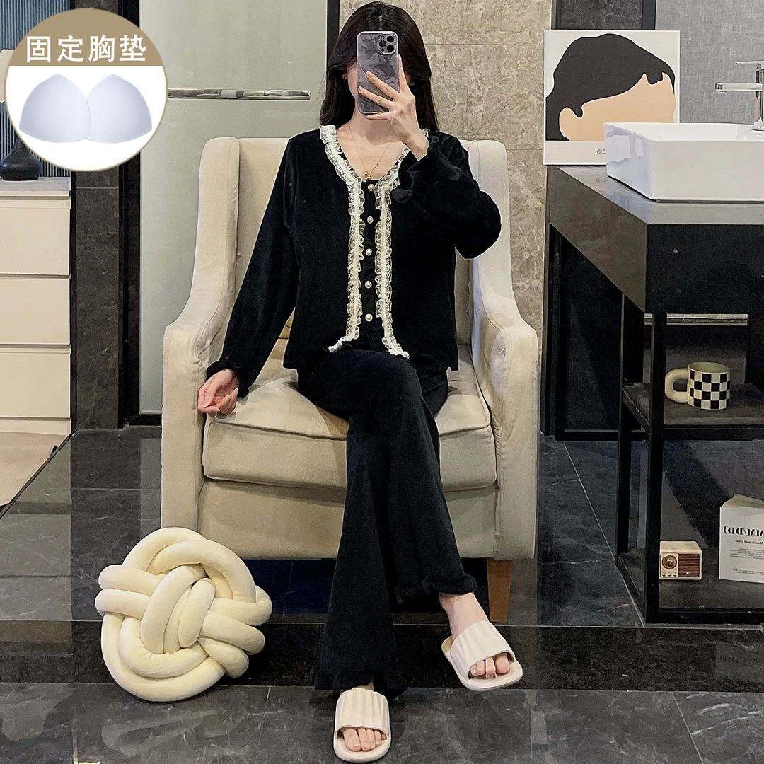 加绒加厚睡衣女款冬季海岛绒黑色法式保暖珊瑚绒带胸垫家居服套装