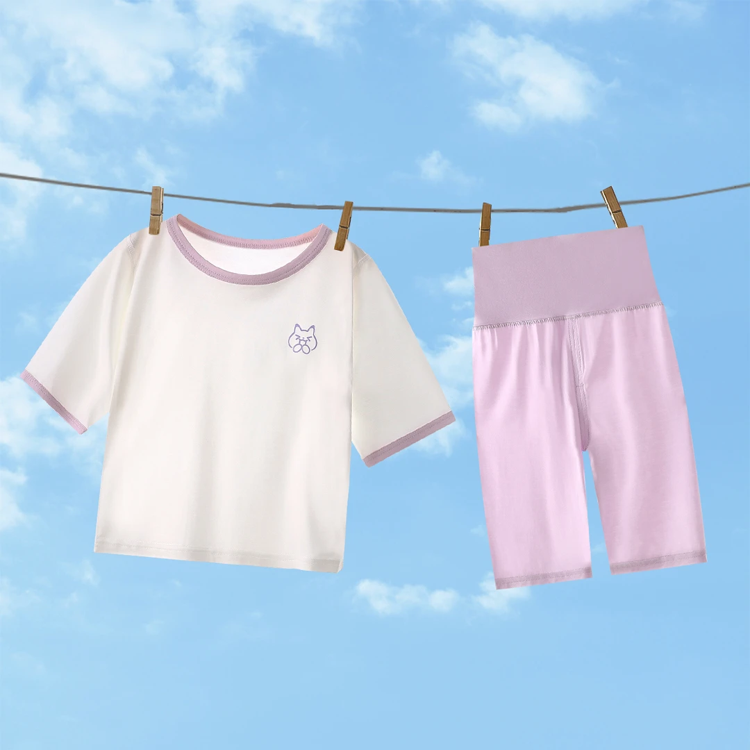 2025夏季新款3002宝宝超薄短袖天丝莱赛尔高腰护肚婴童套装薄款