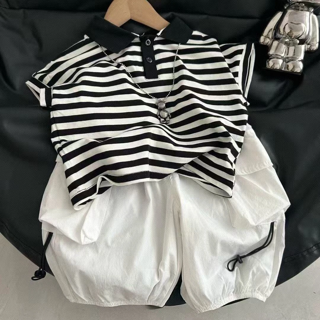 条纹polo衫男童条纹无袖裤子两件套2025夏季新款儿版宽松上衣套装