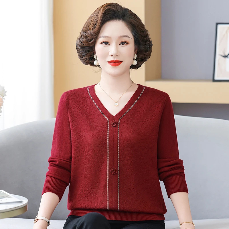 2025秋冬新款针织毛衣女套头V领长袖时尚洋气中年妈妈针织衫上衣