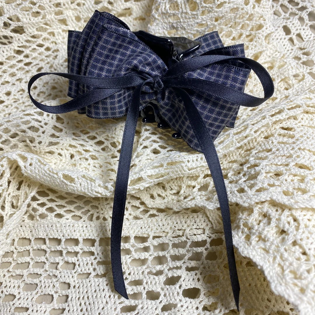 韩国Eunoia Nero【格子蝴蝶结丝带抓夹】气质百搭复古纯手工5065