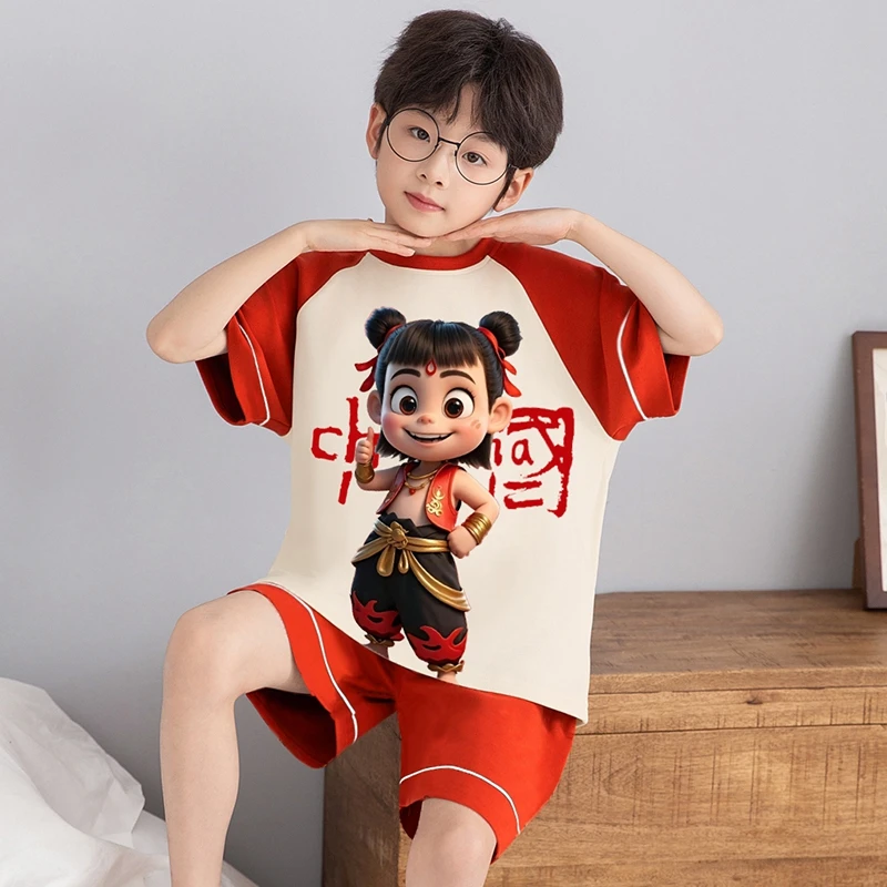 bejirog/北极绒时尚中大童夏季新款纯棉睡衣男童休闲舒适居家套装