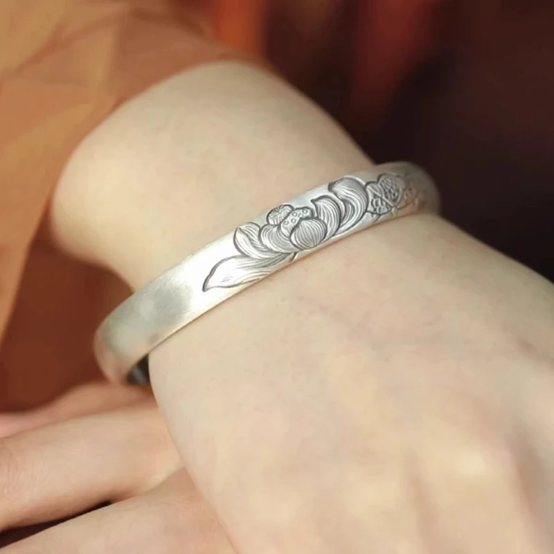 足银手镯 足银999莲花古法开口实心纯银手镯母亲节送妈妈生日礼物