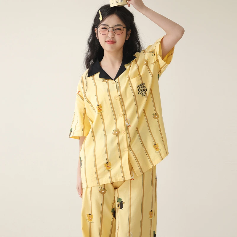 侘町2025年新款短袖长裤动物派对纯棉睡衣女家居服可外穿