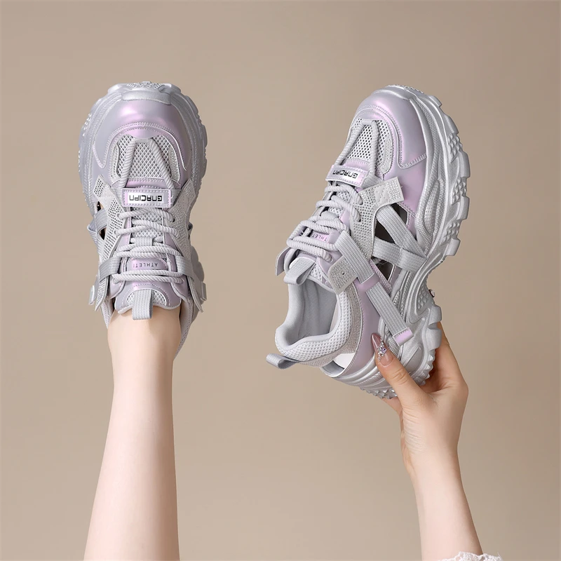 时尚休闲鞋春季网红秋季厚底老爹鞋透气夏季镂空小白鞋增高网面