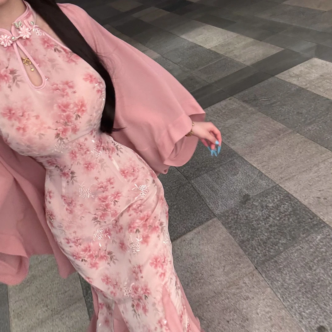 LHMknk1画报夫人原创自制显瘦国风步步生莲粉色新中式旗袍 桃花姬