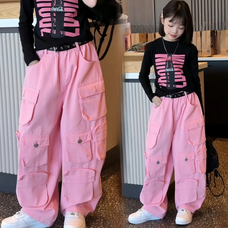 女童春秋季工装裤套装2025新款儿童长袖打底衫美式复古潮酷两件套