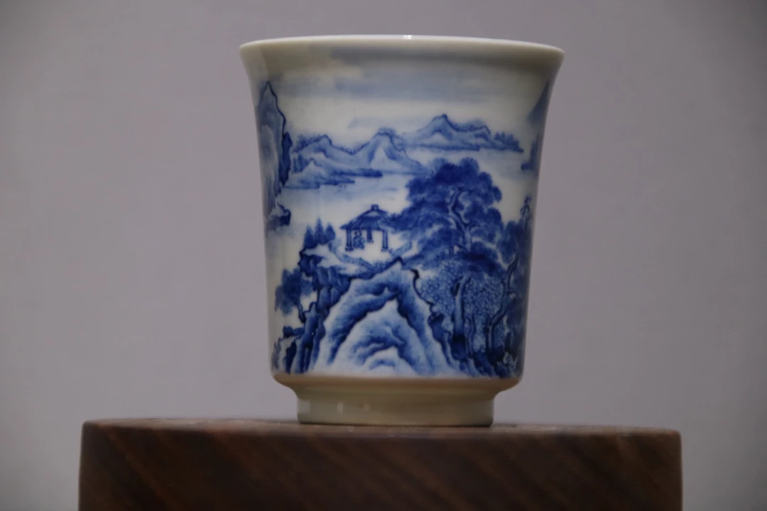 景德镇陶瓷青花登高观瀑山水杯