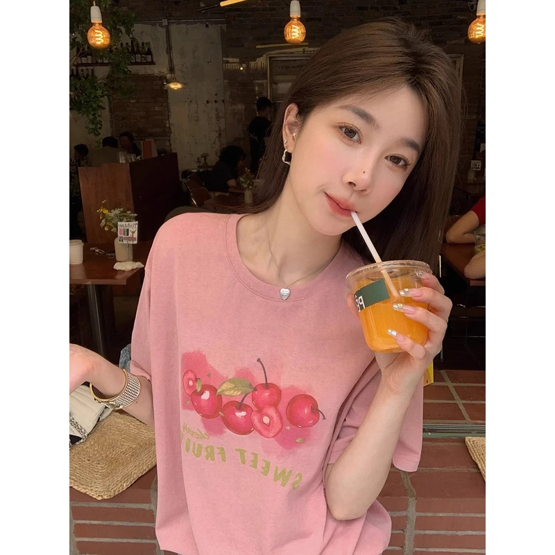 粉色圆领印花短袖t恤女夏季简约百搭宽松韩版2026广州十三行女T恤