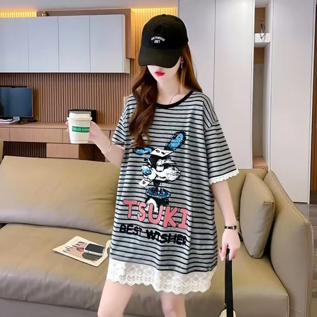 夏季新款卡通兔子款条纹宽松百搭蕾丝拼接短袖T恤2001