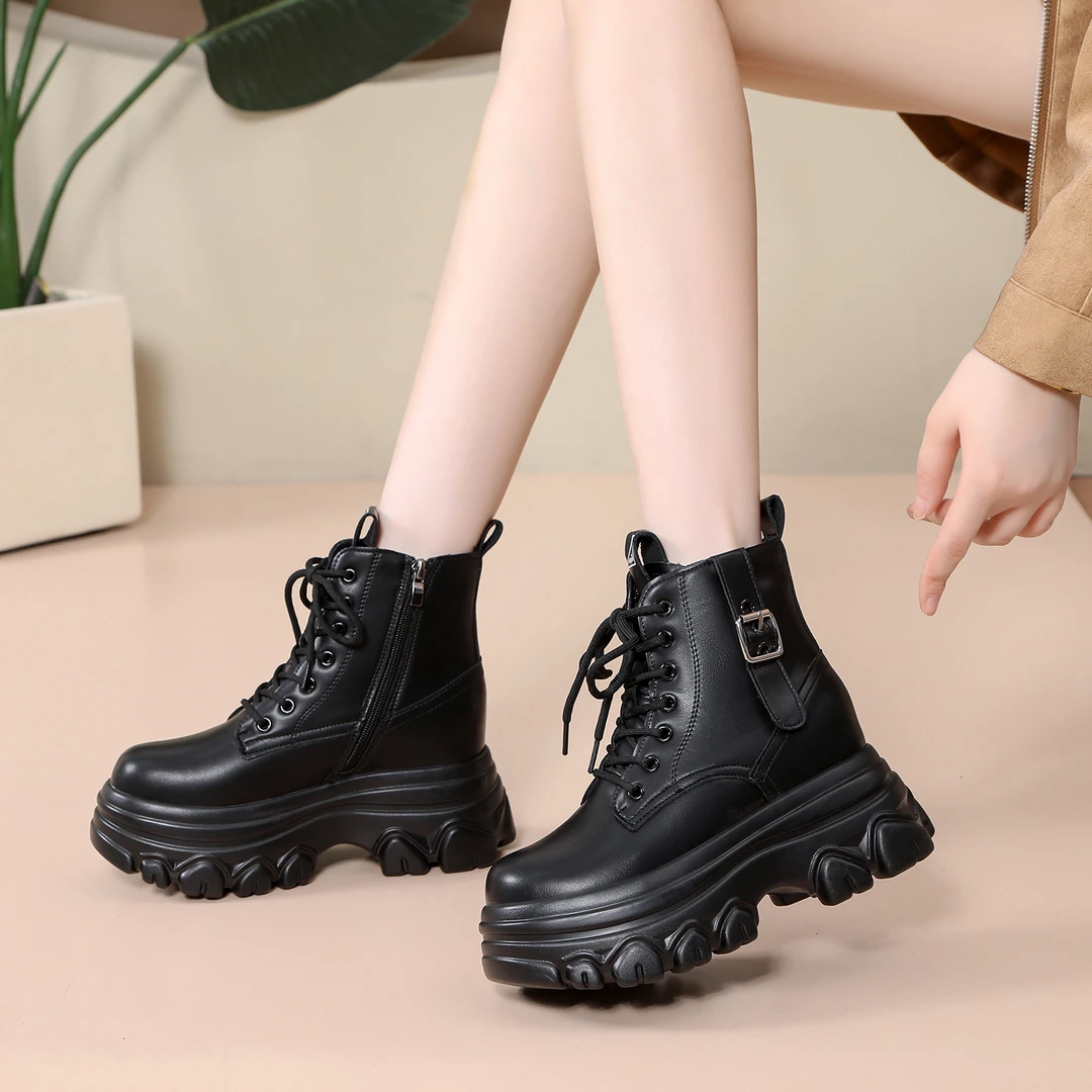 超高跟8-10CM秋冬新款马丁靴英伦风厚底高帮鞋内增高加绒短靴棉鞋