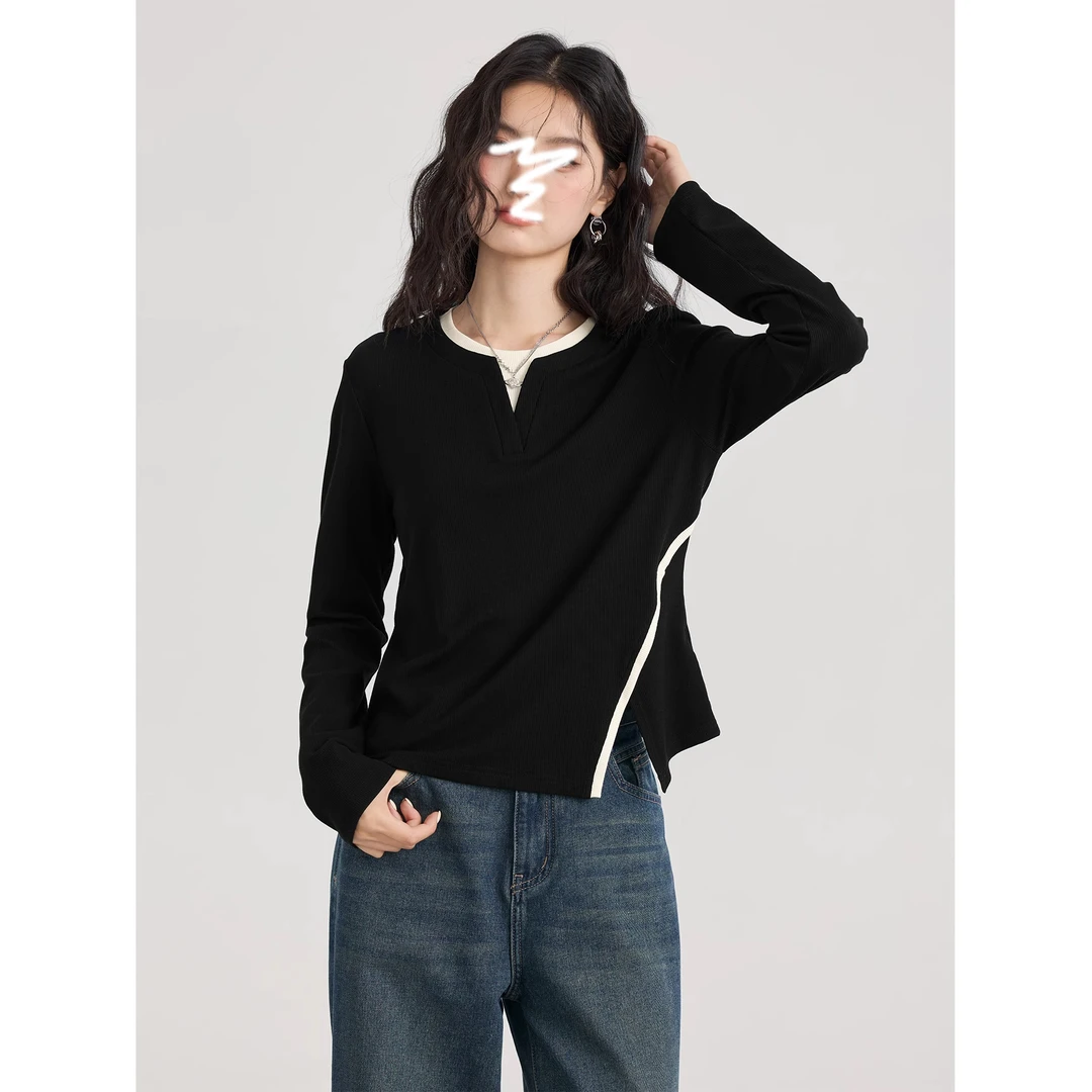 黑色设计感下摆开叉针织衫女2025春秋季假两件遮肉宽松休闲上衣潮