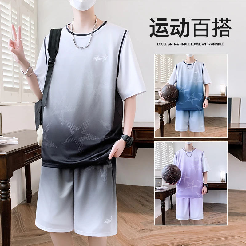 夏季新款篮球服运动套装潮流男生透气青少年薄款宽松休闲两件套