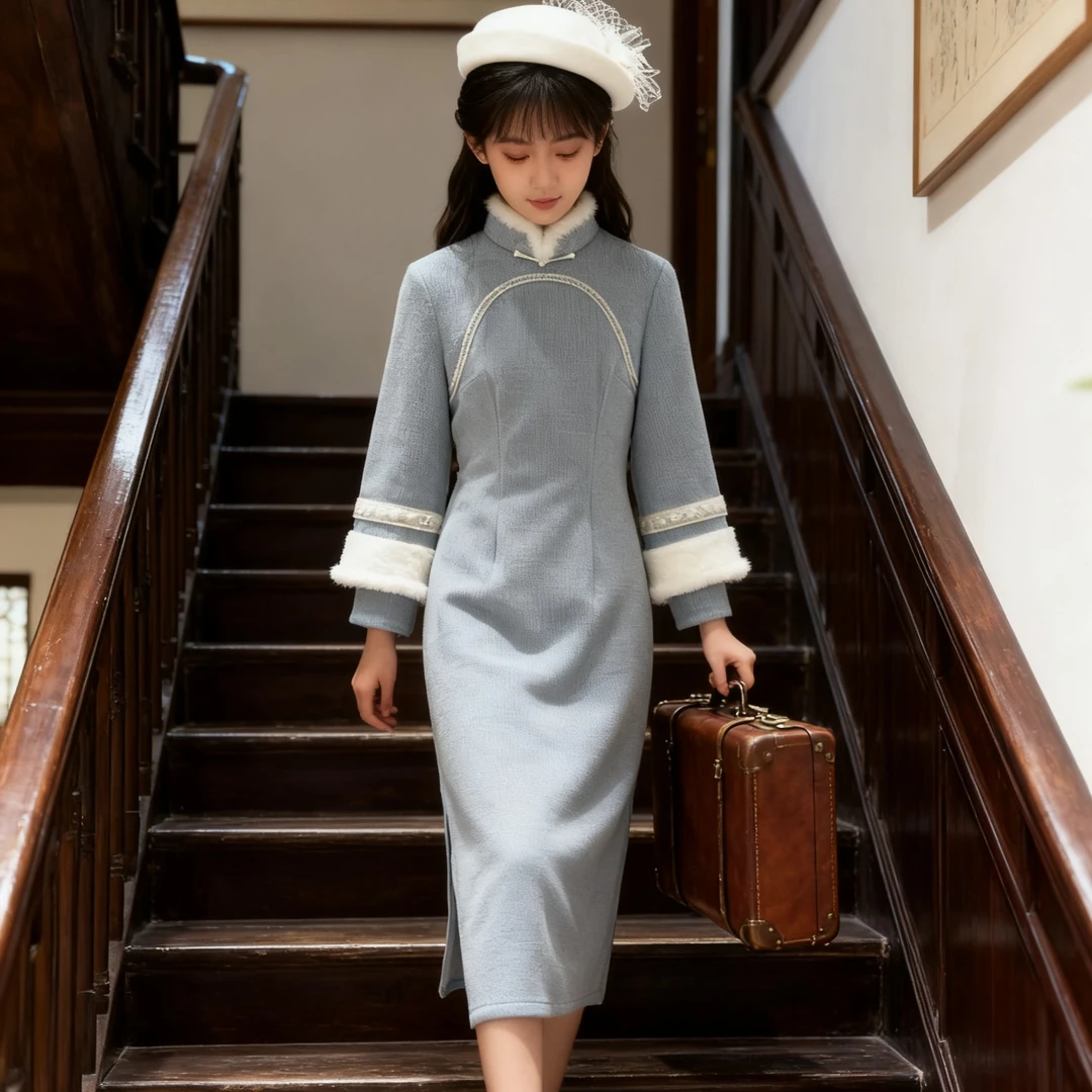 （沐野里）长度120双袖加绒旗袍年轻订婚百日周宴中国风少女刺绣
