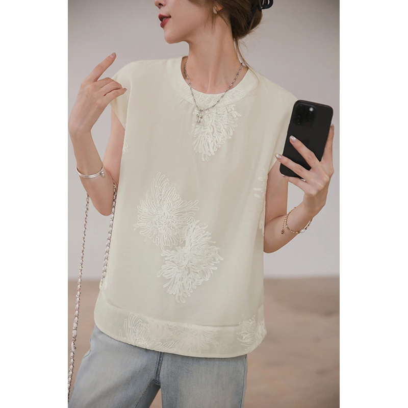 小谷粒云绣小衫舒适绣花连肩袖新中式白色百搭夏季设计感薄款上衣