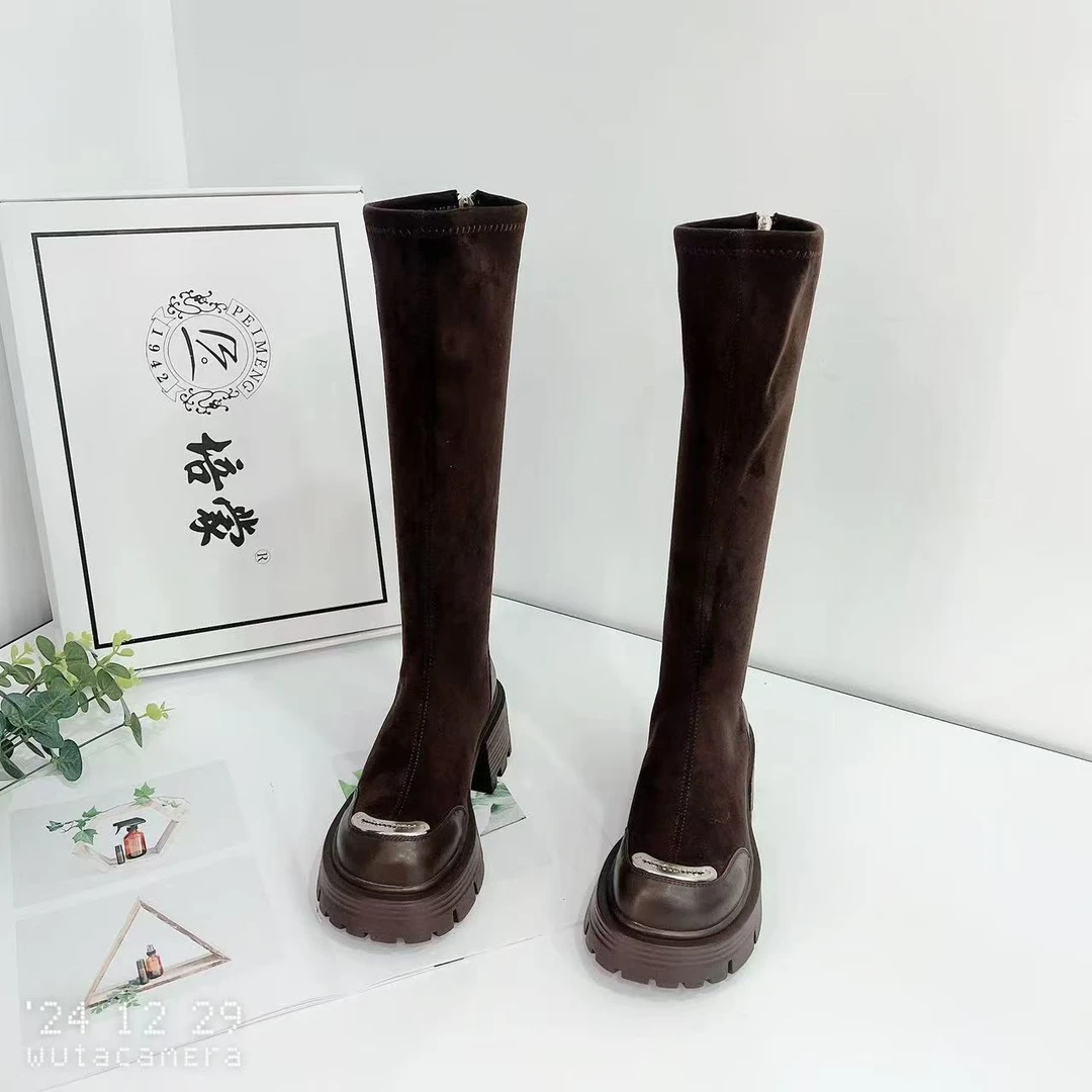 377-6 秋冬新款时尚百搭圆头厚底平口长筒时装靴加绒