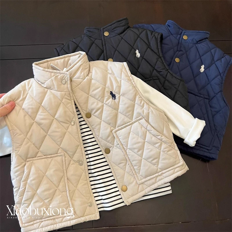 小布熊儿童马甲24秋冬新款男女童刺绣潮牌休闲菱格加绒棉背心外套