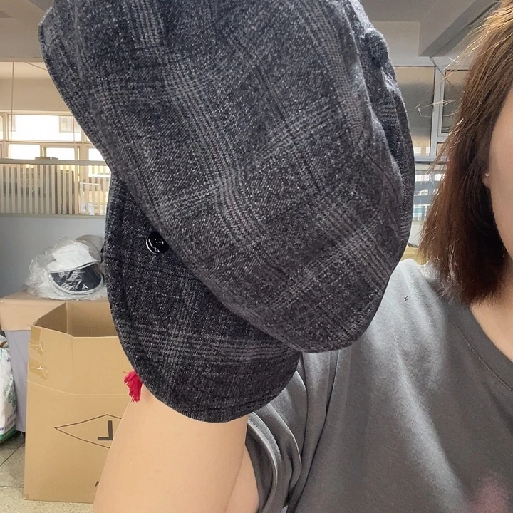 头层牛皮革灰色格子贝雷帽