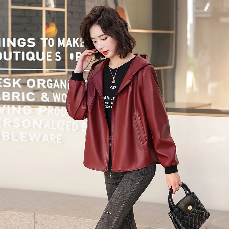 KARME MAJE海宁真皮皮衣女短款秋休闲连帽大码绵羊皮夹克宽松外套