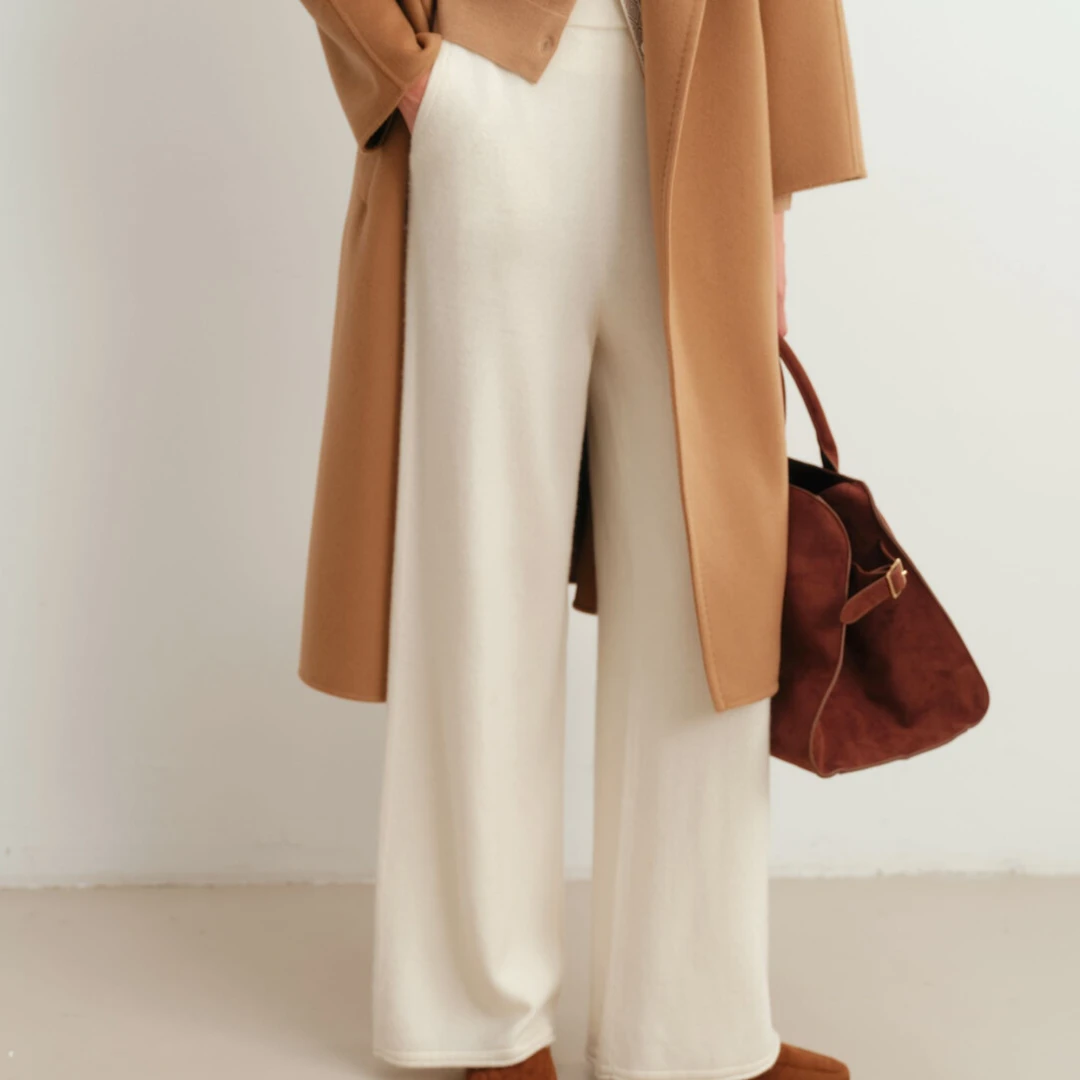 东黎&罕山 混纺女士舒适厚实直筒针织直筒羊绒裤高腰