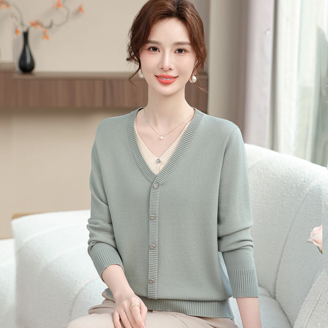 春秋新款长袖针织打底衫时尚妈妈装中老年洋气女装上衣薄款毛衣女