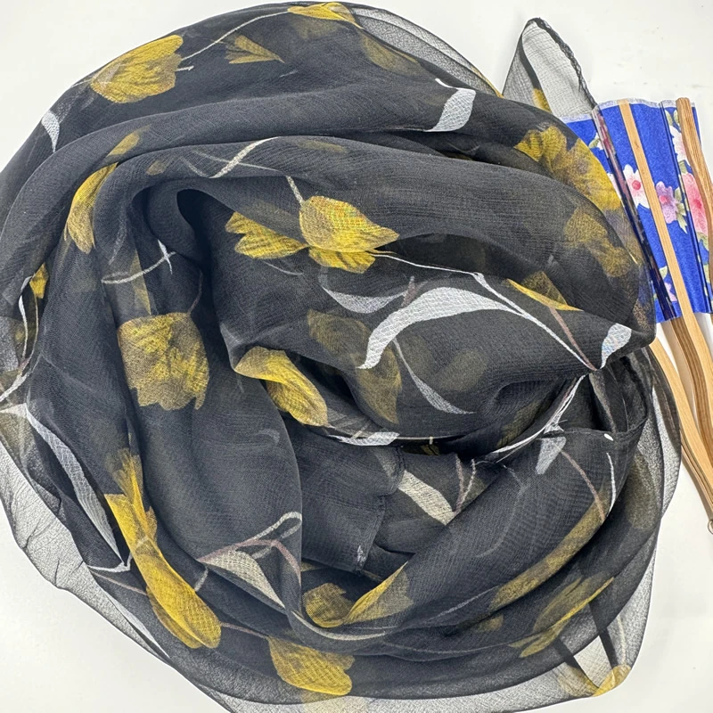 【黑色金秋】桑蚕丝女士薄款春秋洋气潮流时尚优雅气质大方长款丝巾