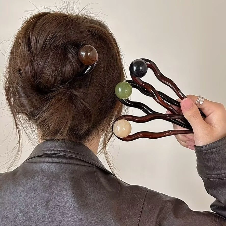 椰椰冻圆珠复古简约珠珠u型发簪女2025新款高端早春丸子头盘发饰