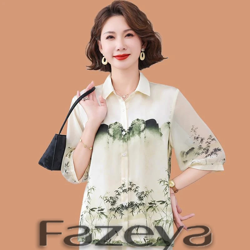 彩羊新中式妈妈夏装中袖印花小衫时尚2025新款中老年女装短袖衬衫