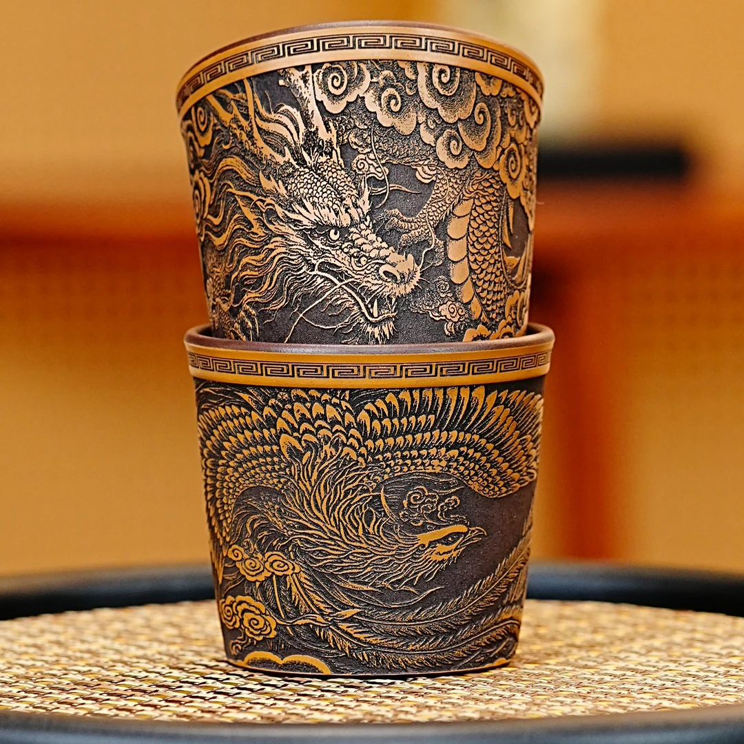 宜兴原矿紫砂紫泥粉浆黄金段全手工龙凤高端茶杯对杯品茗主人杯