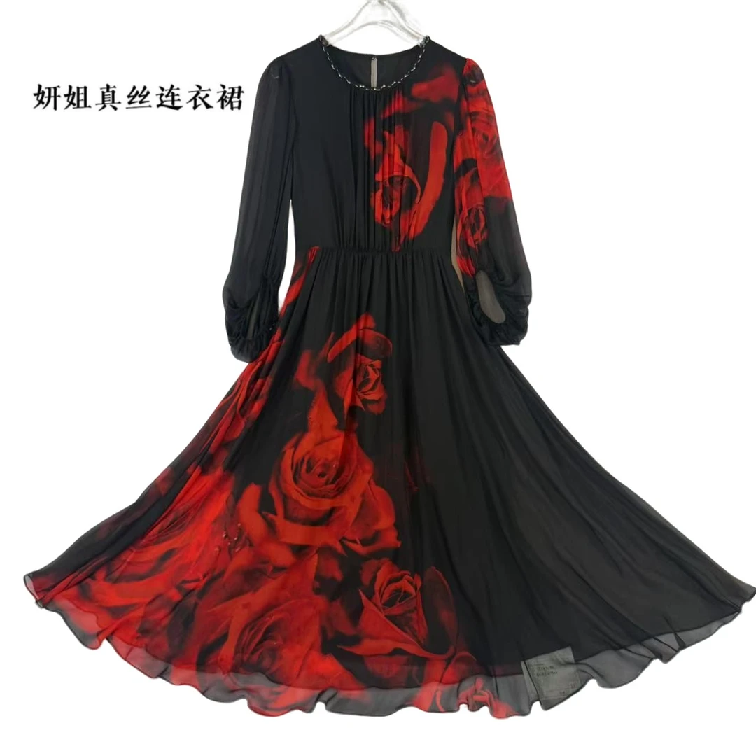 2025妍姐桑蚕丝夏季气质百搭轻奢女装长裙优雅时尚黑红花 25S8006