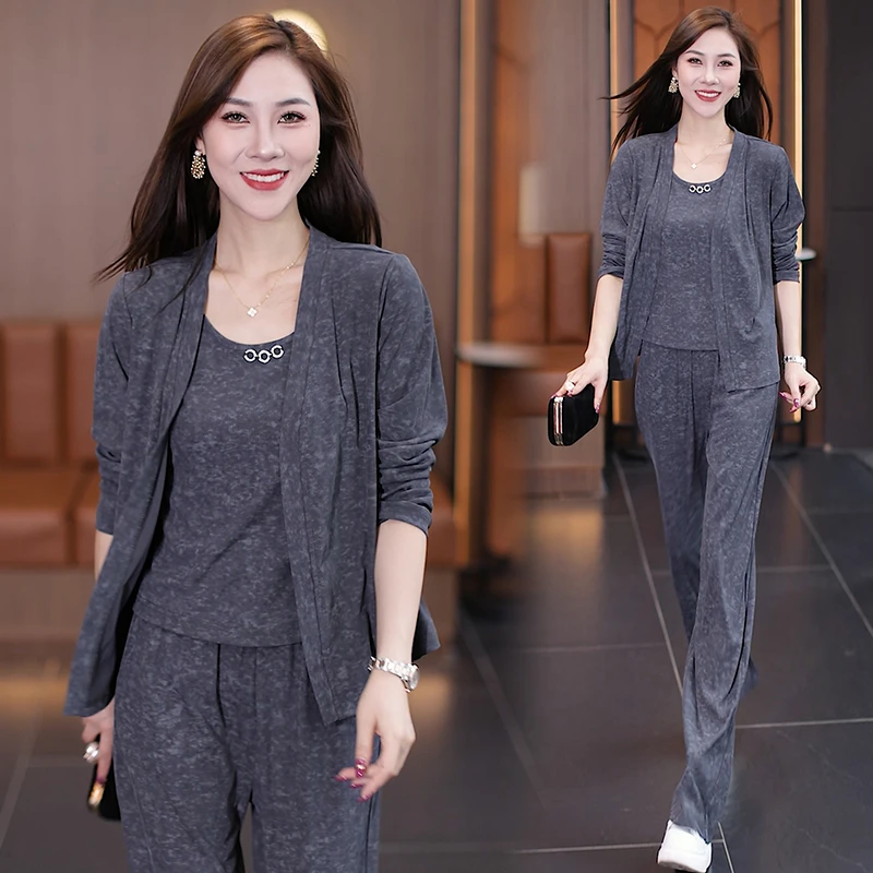 时尚休闲套装女秋季新款小个子开衫外套吊带阔腿裤洋气显瘦三件套