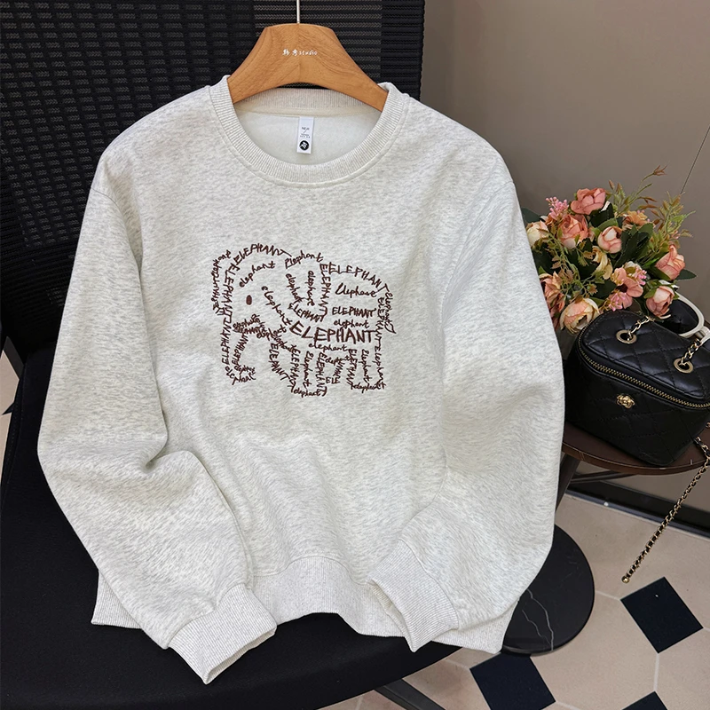 韩版宽松慵懒风卫衣女秋冬薄款休闲套头无帽圆领长袖小象刺绣上衣