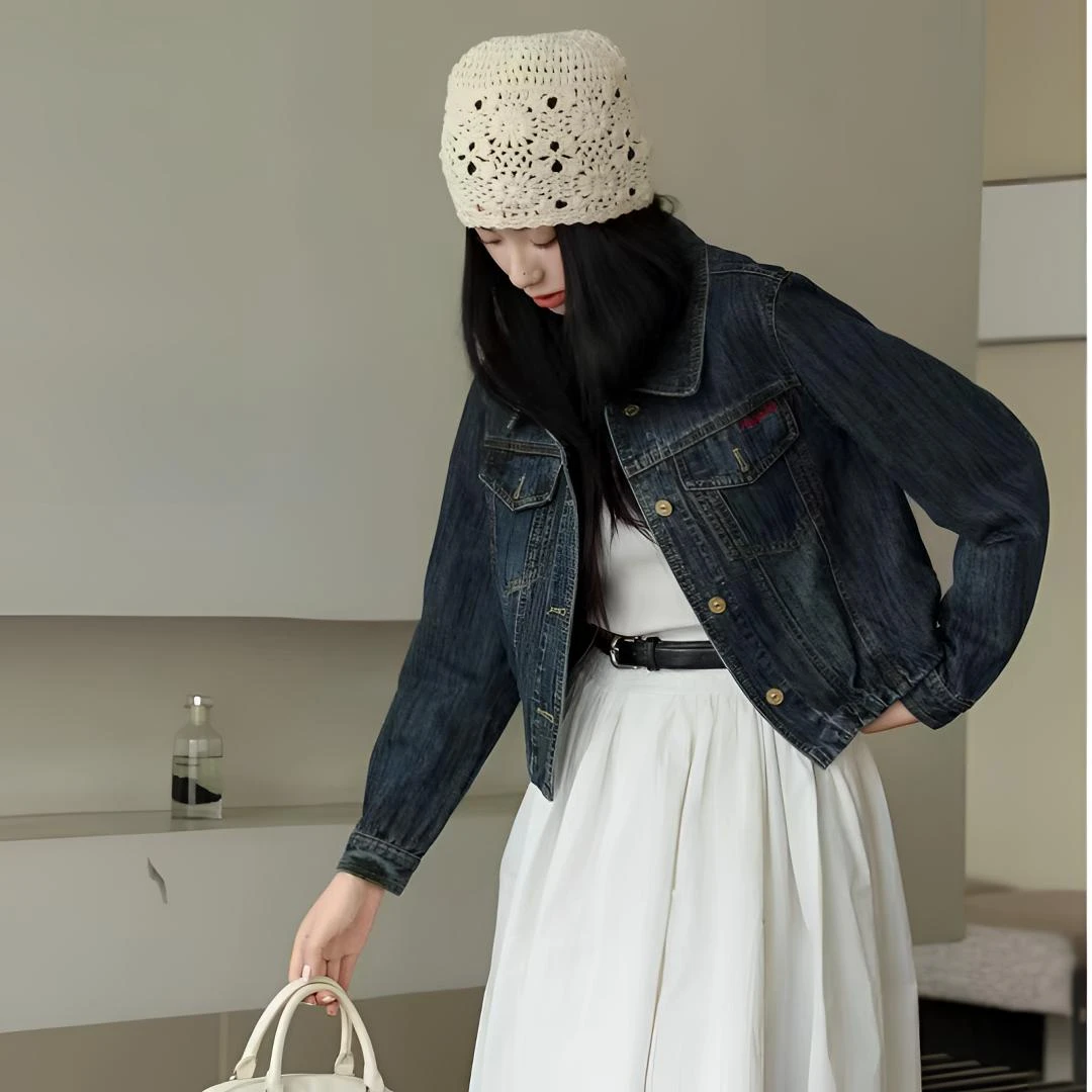 2025早春新款港风复古字母刺绣短款牛仔外套女长袖百搭显瘦夹克潮