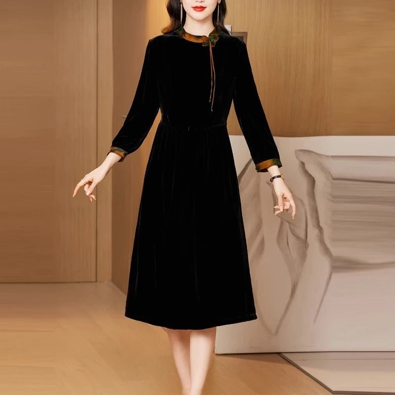 重磅国风桑蚕丝优雅气质高雅金丝绒女装连衣裙时尚中长款修身洋气