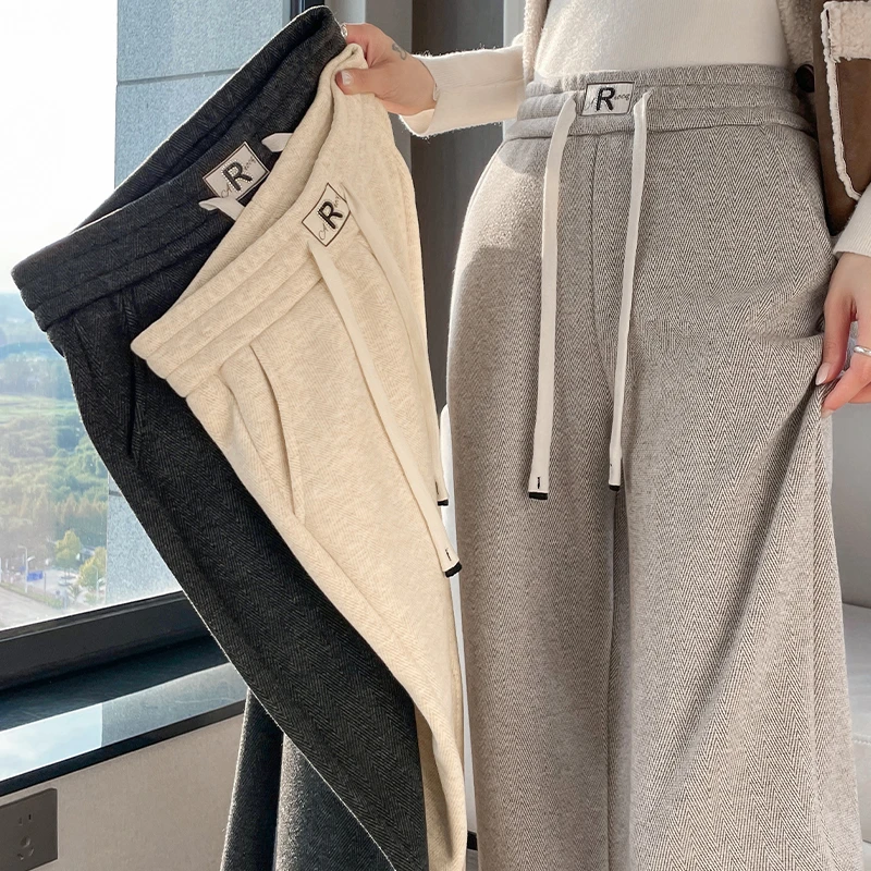 毛呢阔腿裤2025新款女春秋冬季加绒加厚呢子窄版高腰小个子直筒裤