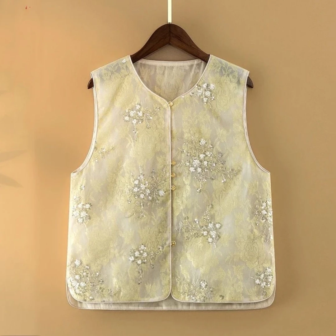 【繁星】春夏新款亮片刺绣新中式马甲女时尚显瘦薄款圆领百搭