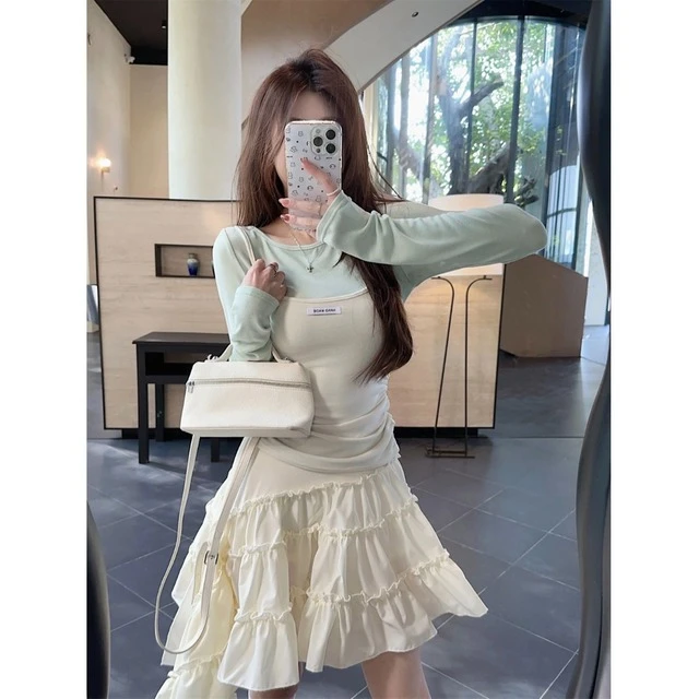 今年流行的绝美套装女不规则半身裙子春夏韩系撞色上衣叠穿两件套