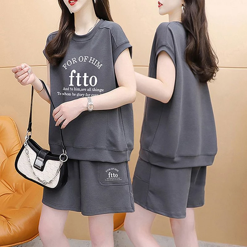 休闲百搭纯棉运动套装女2025新款韩版宽松夏季短袖t恤+短裤两件套