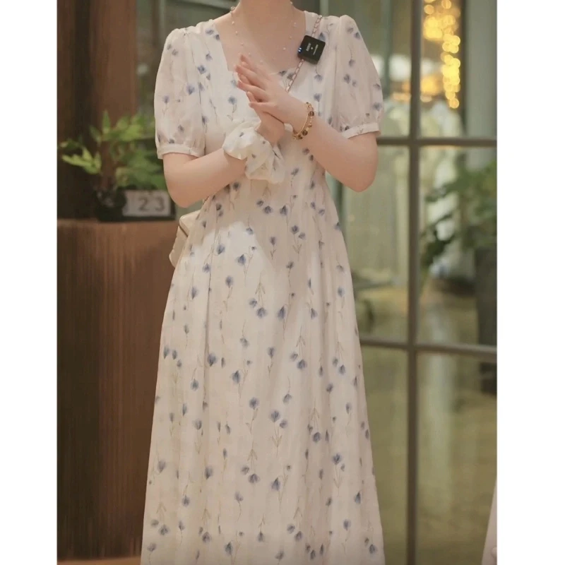 【含发圈】安琪法式方领碎花连衣裙女高级感修身显瘦气质长裙M78