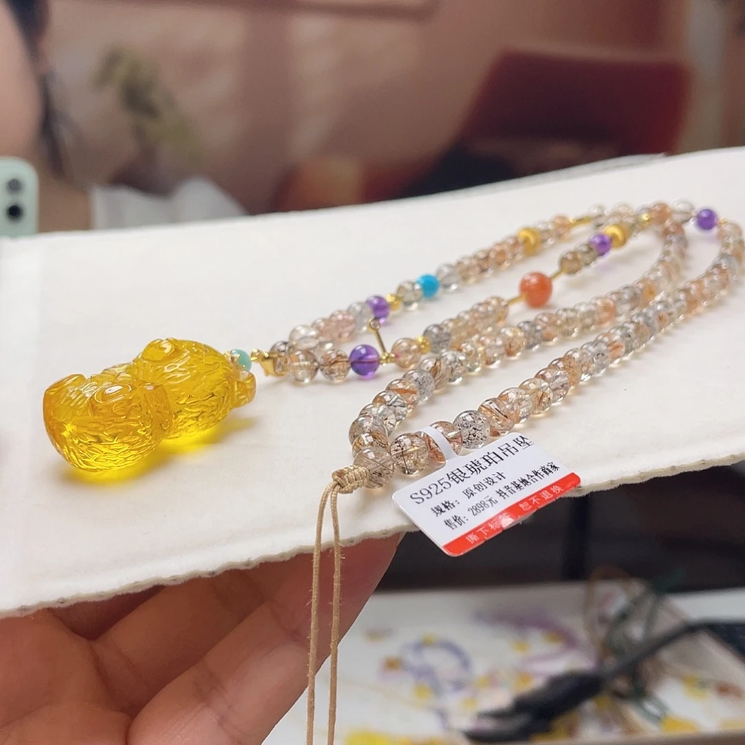 琥珀银S925镀金镶嵌裸石吊坠