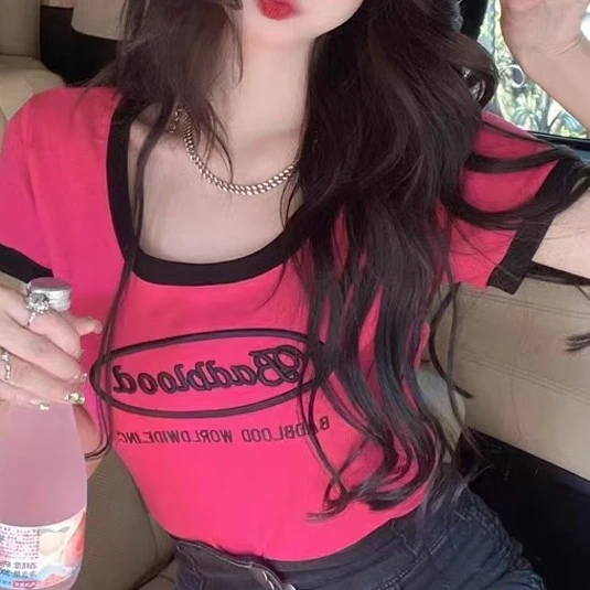 大码纯欲撞色字母印花短袖T恤夏季短款辣妹修身显瘦设计感小众