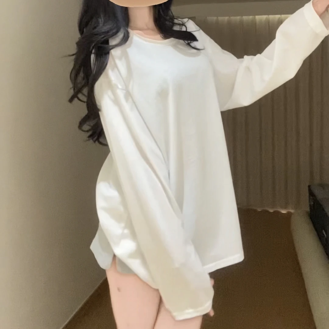 长袖防晒T恤宽松白色t恤ins打底衫宽松圆领休闲时尚百搭开叉简约