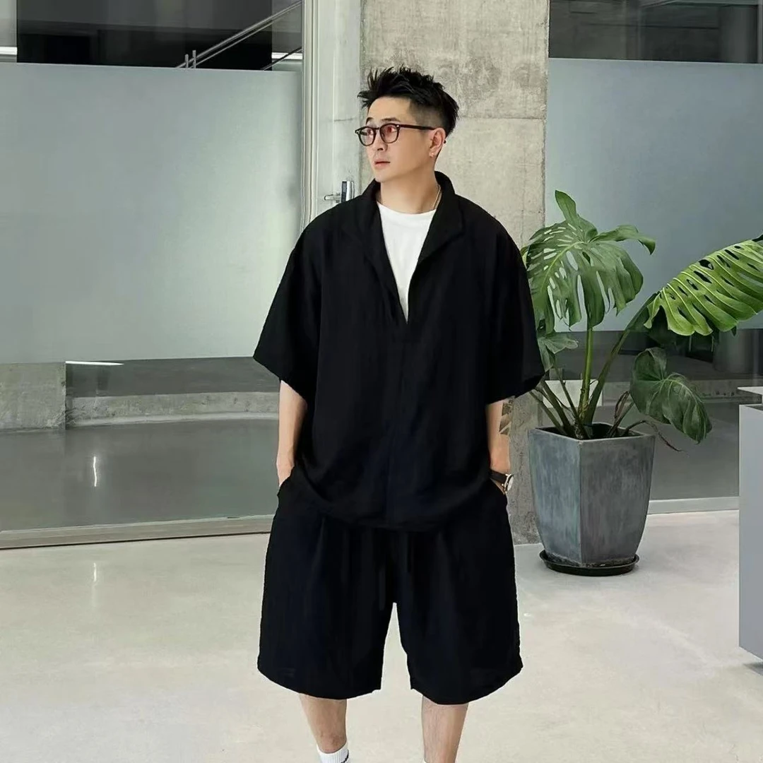 假两件拼接黑色V领短袖衬衫男士休闲套装老钱风穿搭垂感五分短裤