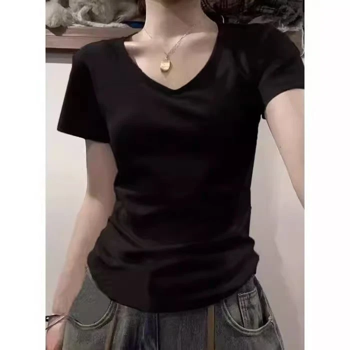 正肩短袖女修身显瘦时尚T恤夏季甜辣上衣内穿外搭设计感白塔打底