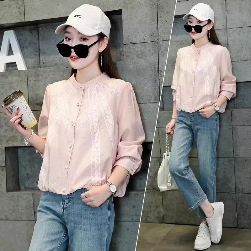 拼接宽松蕾丝2025春秋时尚百搭衬衫开衫圆领气质上衣显瘦NYC短款